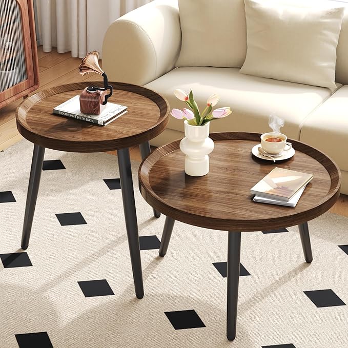 Small Round Coffee Table Set of 2, Walnut Coffee Tables for Living Room, Mid Century Modern Nesting Coffee Table, Wood Circle Center Tables, Black Wooden Side End Table, mesa de Centro para sala