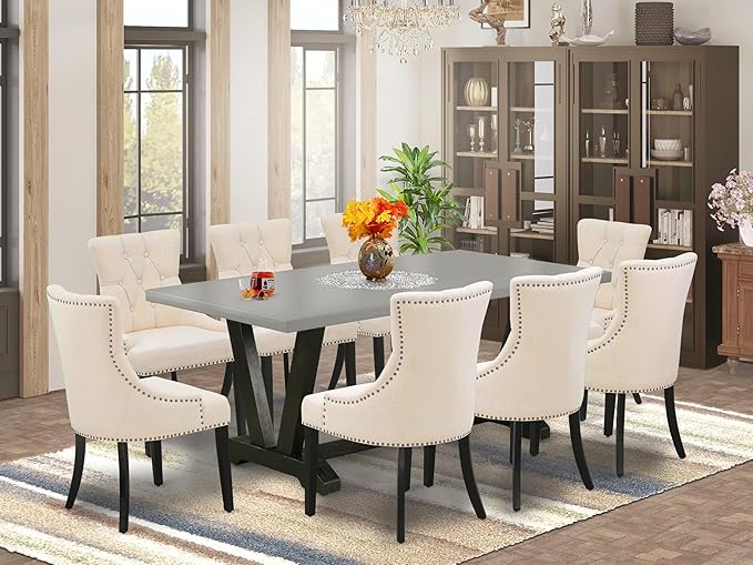 East West Furniture V697FR102-9 9 Piece Dining Room Set Includes a Rectangle Kitchen Table with V-Legs and 8 Light Beige Linen Fabric Upholstered Parson Chairs, 40x72 Inch, Multi-Color