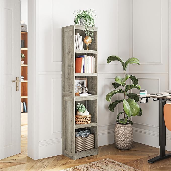 LINSY HOME 5-Shelf Bookcase, Narrow Bookshelves Floor Standing Display Storage Shelves 68 in Tall Bookcase Home Decor Furniture for Home Office, Living Room, Bed Room - Light Brown