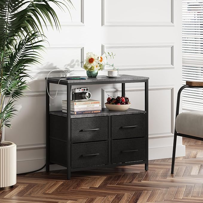 TUTOTAK Large Night Stand with Charging Station, Nightstand with USB and Type-C Port, Bedside Table with Cloth Drawers, End Table for Livingroom, Bedroom, Charcoal Grey TB01BY081