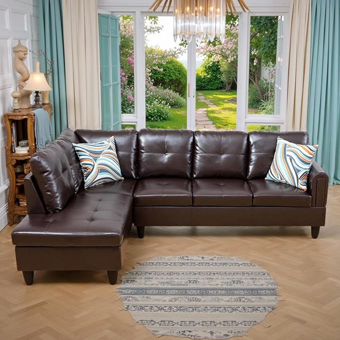 L Shaped Couch Sectional Couches with Chaise, 3 Pieces Modular Convertible Sofa for Living Room Furniture Sets and Small Apartment Faux Leathert, Brown