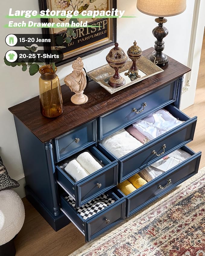 Farmhouse 6 Drawers Dresser for Bedroom with Charging Station, Wood Country Rustic Storage Dressers Organizer, Vintage Design