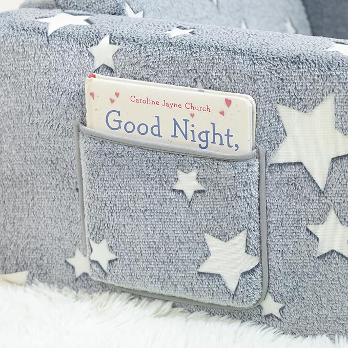 ALIMORDEN 2-in-1 Toddler Fold Out Couch, Comfy Convertible Sofa to Lounger, Glow-in-The-Dark Star Pattern Foam Seat for Little Ones with Removable Washable Cover