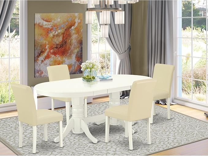 East West Furniture VAAB5-LWH-64 5 Piece Dining Set Includes an Oval Dining Room Table with Butterfly Leaf and 4 White Faux Leather Upholstered Parson Chairs, 40x76 Inch, Linen White