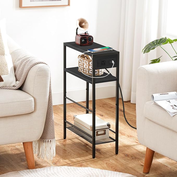 HOOBRO Small Narrow Side Table with Charging Station, Skinny End Table for Small Spaces, Slim Nightstand with USB Ports Outlet, Sofa Beside Table with Storage Shelf, Black BB102UBZ01