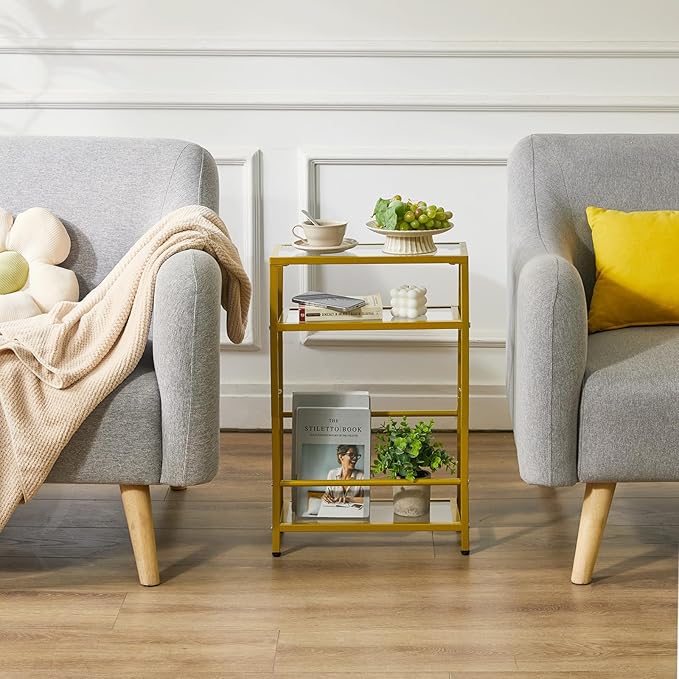 IBUYKE Glass End Table for Small Space, Narrow Side Tables with Storage Shelf, Bedside Table Slim Nightstand with Magazine Holder, for Living Room Home Office, Clear Gold UTMZ002G