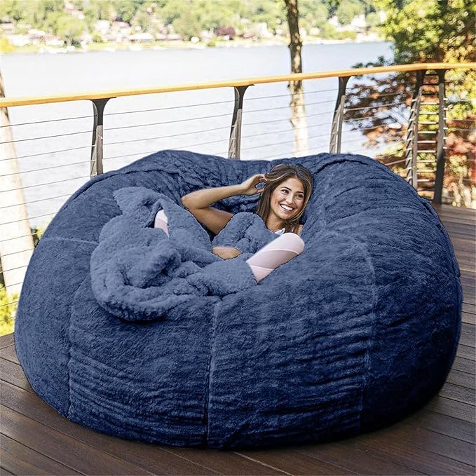 Giant Fur Bean Bag Chair Cover for Kids Adults, (No Filler) Living Room Furniture Big Round Soft Fluffy Faux Fur Beanbag Lazy Sofa Bed Cover (Blue, 7FT)