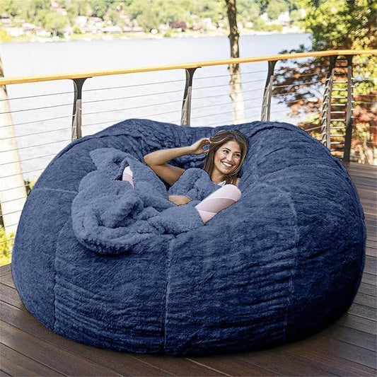 Giant Fur Bean Bag Chair Cover for Kids Adults, (No Filler) Living Room Furniture Big Round Soft Fluffy Faux Fur Beanbag Lazy Sofa Bed Cover (Blue, 7FT)
