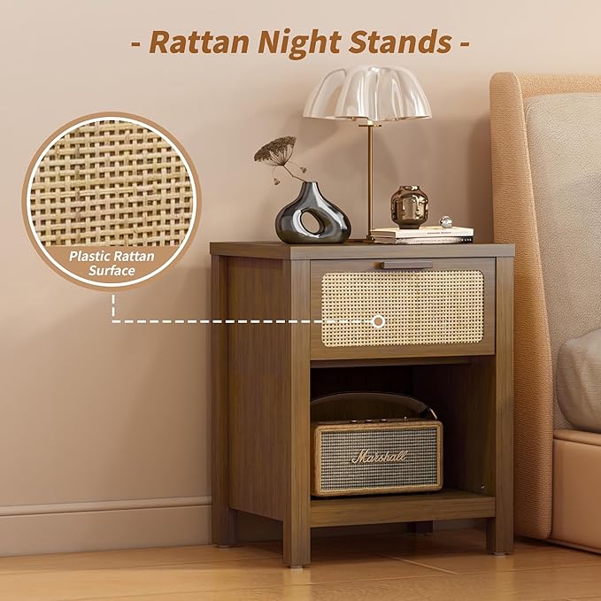 Rattan Nightstand, Mid Century Modern Bedside Table with Opening Storage,Large Side Table with Drawer,Boho Night Stand,Wooden End Table,Handmade Solid Wood Handle,Walnut CTG65BR