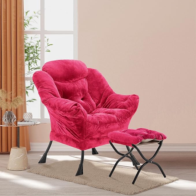 Lazy Chair with Folding Ottoman, Accent Chair Plush Upholstered with Metal Structure and Non-Slip Pads, Sofa Armchair with Footrest and Side Storage Bag for Dorm, Room, Office, Rose Red