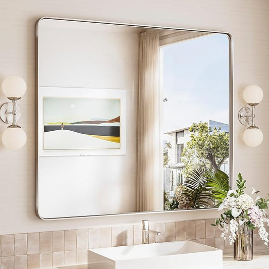 TokeShimi 42x36 Brushed Nickel Bathroom Mirror for Wall,Tempered Glass,Aluminum Framed Bathroom Vanity Mirror for Over Sink(Horizontal/Vertical)