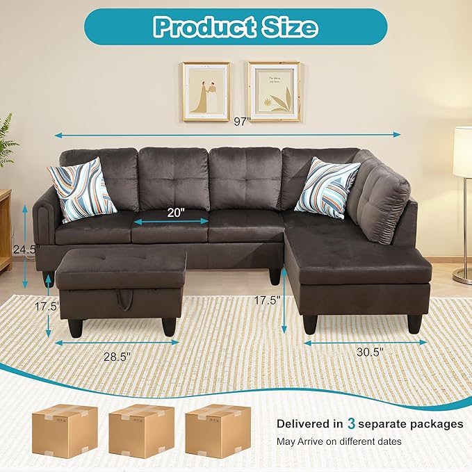 Couches for Living Room Modern L Shaped Couch Comfy Flannel Fabric 3 Pieces Sectional Sofa with Chaise, Ottoman with Storage for Office and Small Apartment, Dark Brown