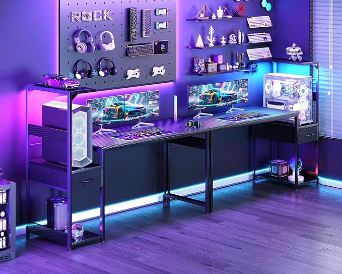 Casaottima 54 Inch Gaming Desk with Storage & LED Lights, Reversible Computer Desk with Display Shelves & Fabric Drawer, Modern Gamer Desk Table with Side Headphone Hook, Carbon Fiber Black
