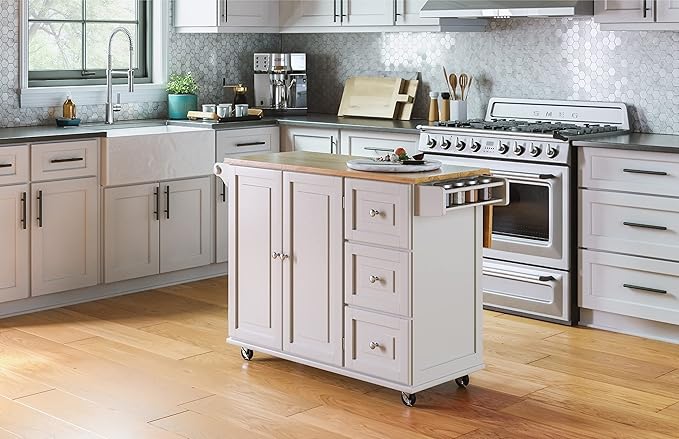 Homestyles Dolly Madison Off-White Mobile Kitchen Island Cart with Wood Drop Leaf Breakfast Bar