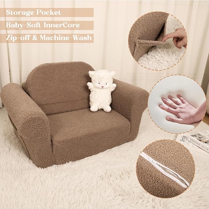 Chairs for Toddler, 2-in-1 Toddler Soft Teddy Baby Couch Fold Out, Convertible Chair to Lounger for Girls and Boys|Safety Certified | Gift for Children