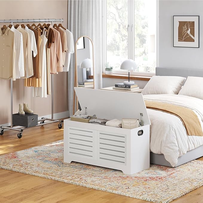 DINZI LVJ Storage Chest, Flip-top Wooden Toy Box Organizer with 2 Safety Hinges, Entryway Shoe Bench, Good Ventilation, Storage Bench for Living Room, Bedroom, Easy Assembly, White