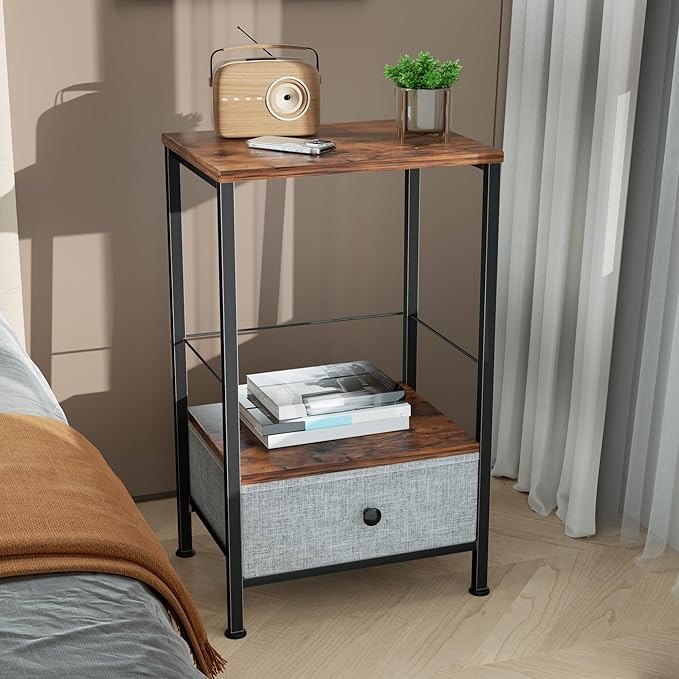 Record Player Stand with Vinyl Storage, 2-Tier Record Shelf Table with Fabric Drawer, Holds Up to 60 Vinyl Records, Record Player Table for Turntable and Albums, 15.75"D × 11.81" W× 25.59"H