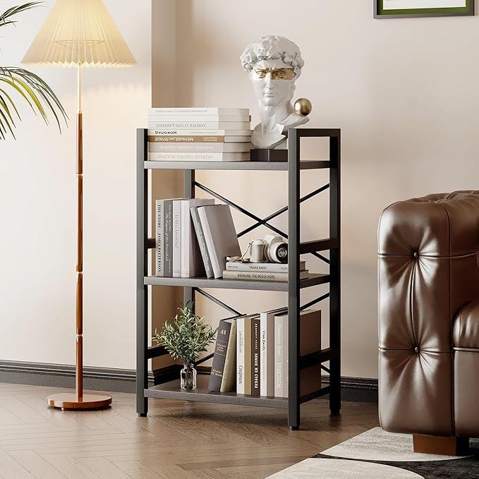 Homeiju Bookshelf, 3 Tier Industrial Bookcase, Metal Small Bookcase, Rustic Etagere Book Shelf Storage Organizer for Living Room, Bedroom, and Home Office(Grey) Patent Pending D29873033