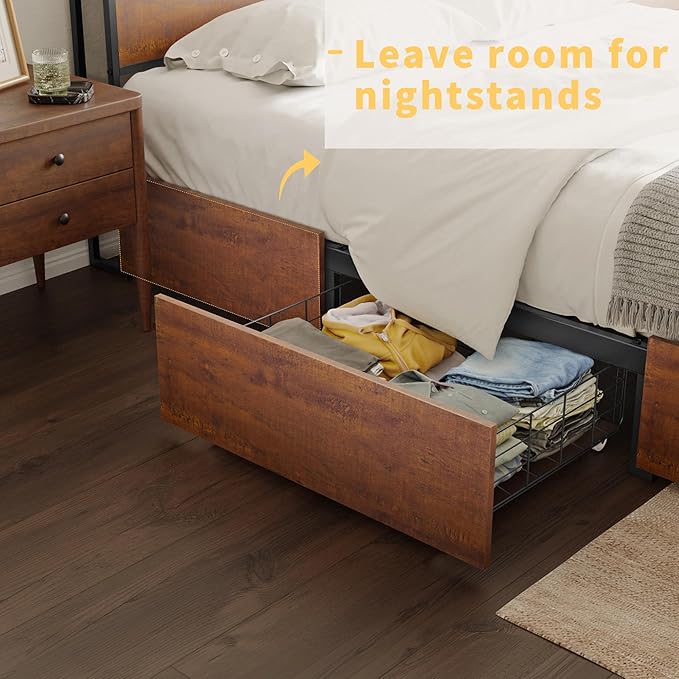 Queen Bed Frame with Storage Headboard and 4 Drawers Bed Frame Queen Size with Charging Station LED Lights Metal Platform Non-Slip Without Noise No Box Spring Needed