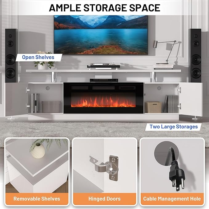 70" Fireplace TV Stand for TVs Up to 80", Entertainment Center with 36inch Fireplace, 12 Flame & LED Colors, 2-Tier TV Console & Storage Cabinet