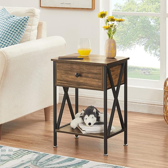 VECELO Nightstands Set of 2, Modern Bedside End Tables, Night Stands with Drawer and Storage Shelf for Living Room Bedroom, Industrial Metal Frame