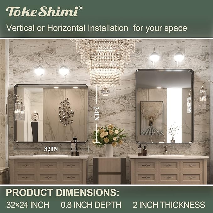 TokeShimi 24 x 32 Inch Black Mirror Wall Mirror for Bathroom Black Metal Frame Decorative Rectangular Wall Mounted Home Decor Corner Hangs (Horizontal/Vertical) Living Room Entryway