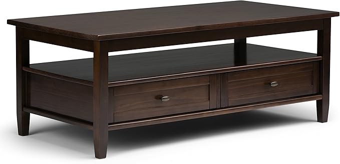 SIMPLIHOME Warm Shaker Coffee Table - 48 inch Wide Solid Wood Cocktail Table in Tobacco Brown, Transitional Living Room Table with 2 Storage Drawers and Open Shelf for Sitting Area or Lounge