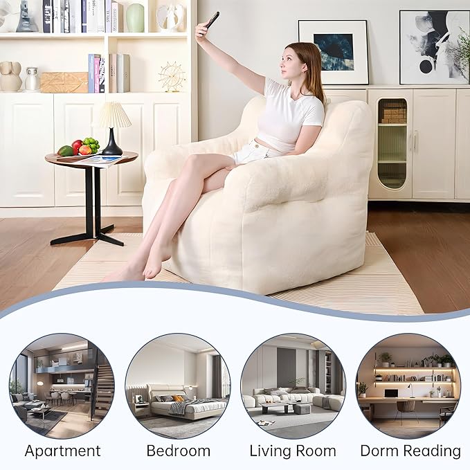 Giant Bean Bag Chairs for Adults and Kids, 3FT Bean Bag Chair with Filler, Comfy Lazy Sofa Chair for Bedroom, Living Room, Dorm (Cream)