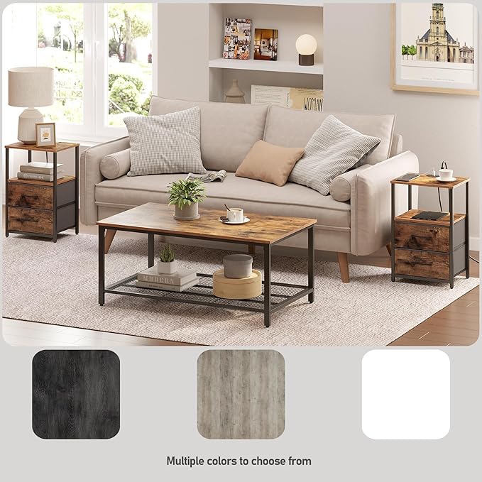 TUTOTAK End Table with Charging Station, Night Stand, Side Table with 2 USB Ports and Outlets, Nightstand with Cloth Drawer, Bedside Table for Livingroom, Bedroom Brown TB01BB088