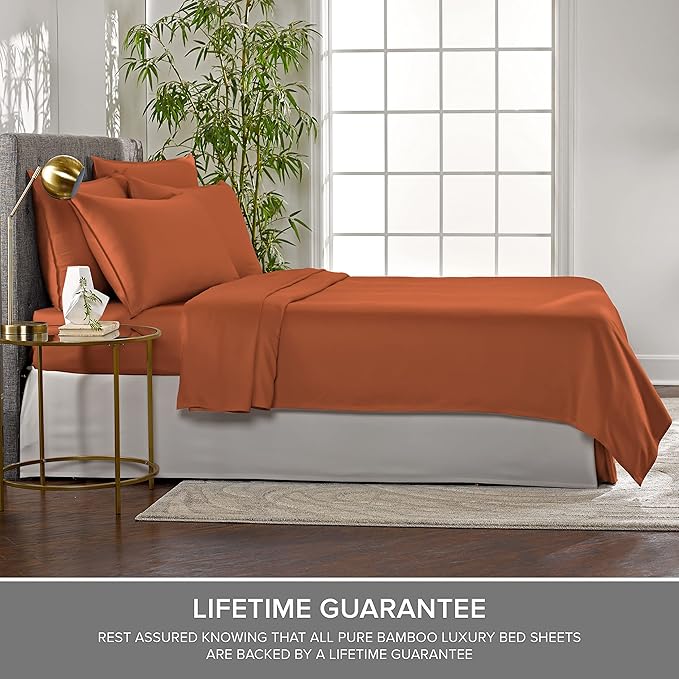 Twin Sheets by Pure Bamboo, Genuine 100% Organic Viscose Derived from Bamboo Bed Sheet Set, Luxuriously Soft & Cooling, Double Stitching, Lifetime Quality Promise (Twin, Terracotta)