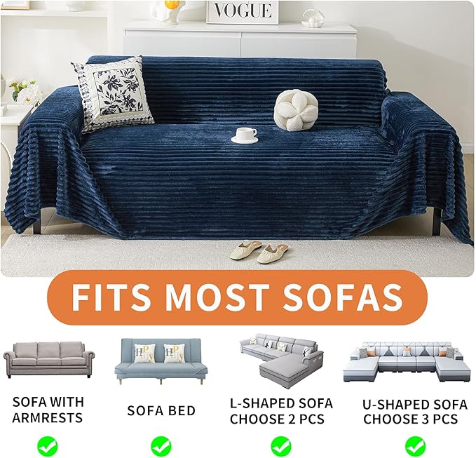 HAOMAIJIA Faux Fur Sofa Covers Couch Covers for 2 Cushion Couch Sofa Pet Friendly Soft Non Slip Couch Cover for Dogs Washable Sectional Couch Covers L Shape Furniture Protector (Navy Blue, 71"x118")