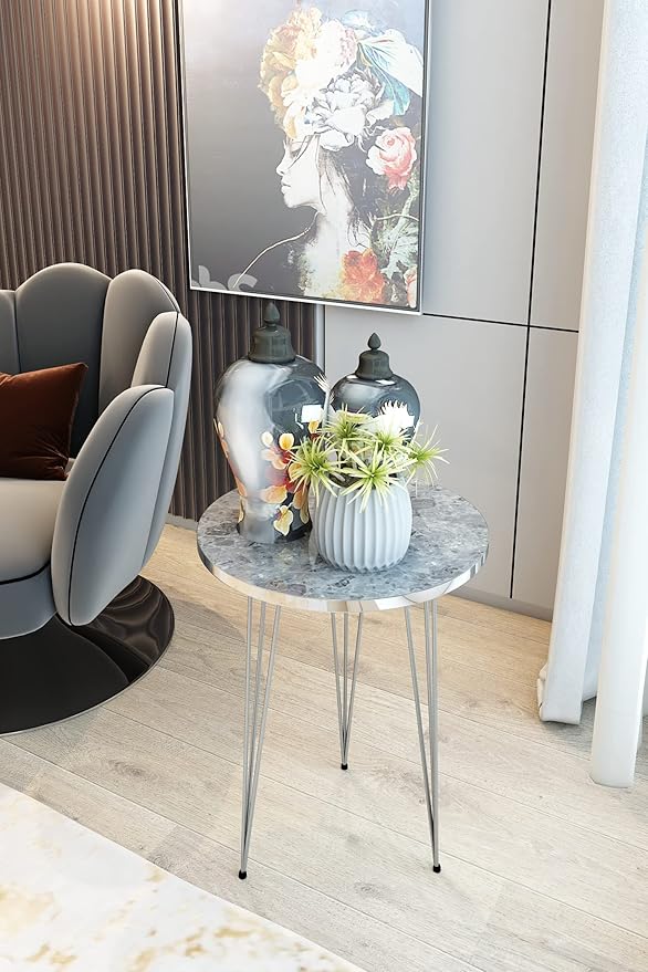 PAK HOME Set of 2 End Tables Round Wood Sofa Side Coffee Tables for Small Spaces, Nightstand Bedside Table with Metal Legs for Bedroom, Living Room, Office (Grey Marble High Gloss/Silver Legs)