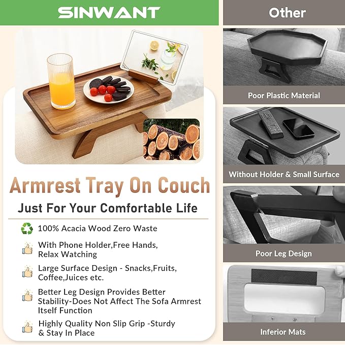 SINWANT Couch Arm Table, Acacia Wood Sofa Arm Rest Tables Couch Armrest Table with 360° Phone Holder,Portable Sofa Armrest Tray for Drink Snacks