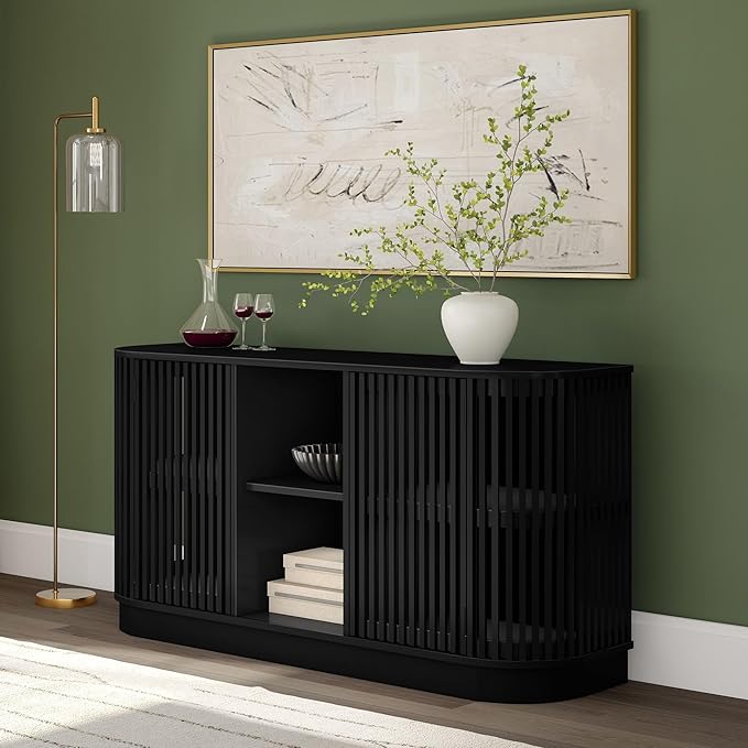 Plank+Beam Contour Wood TV Stand, Two Door Solid Wood Entertainment Console with Storage, 59" L x 16" W x 30" H, Black