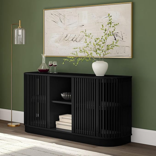 Plank+Beam Contour Wood TV Stand, Two Door Solid Wood Entertainment Console with Storage, 59" L x 16" W x 30" H, Black