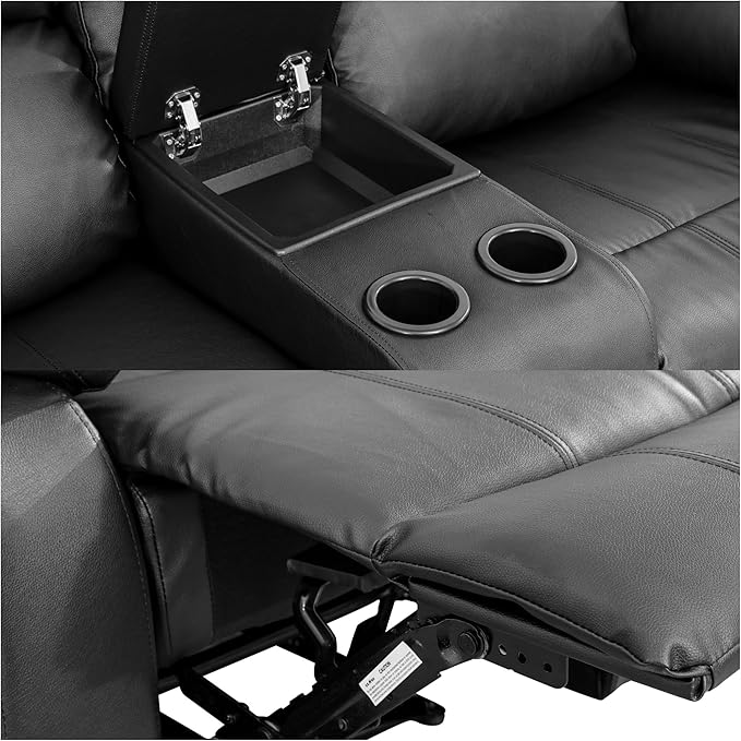 Loveseat Recliner Sofa, Reclining Loveseat Leather Couch with Storage Console, Modern Comfy Home Theater Seating Power Recliner Chair with Cup Holders for Living Room Furniture Sets, Black