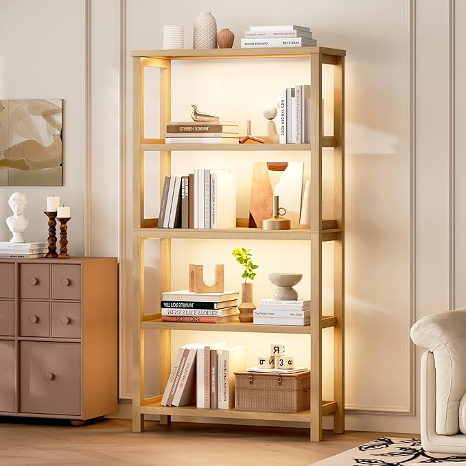 Vlsrka 5 Tier Wooden Bookshelf with Lights, 65" Tall Open Bookcase Storage Rack, Modern Bookshelf with Storage, Free Standing Display Book Shelves for Living Room, Home Office, Brown