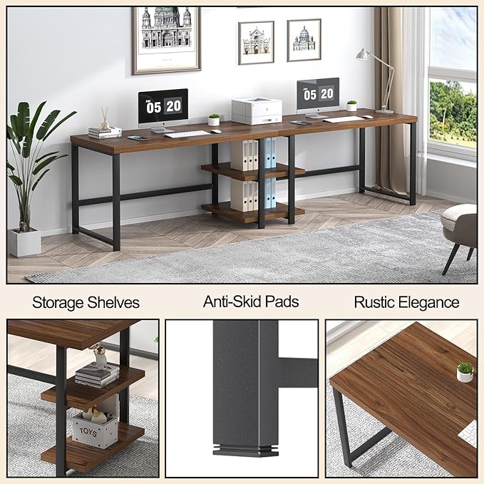 FOLUBAN 47 Inch Computer Desk, Small Home Office Desk with Storage Shelves, Industrial Writing Study Gaming Table Workstation for Living Room Bedroom, Rustic Walnut