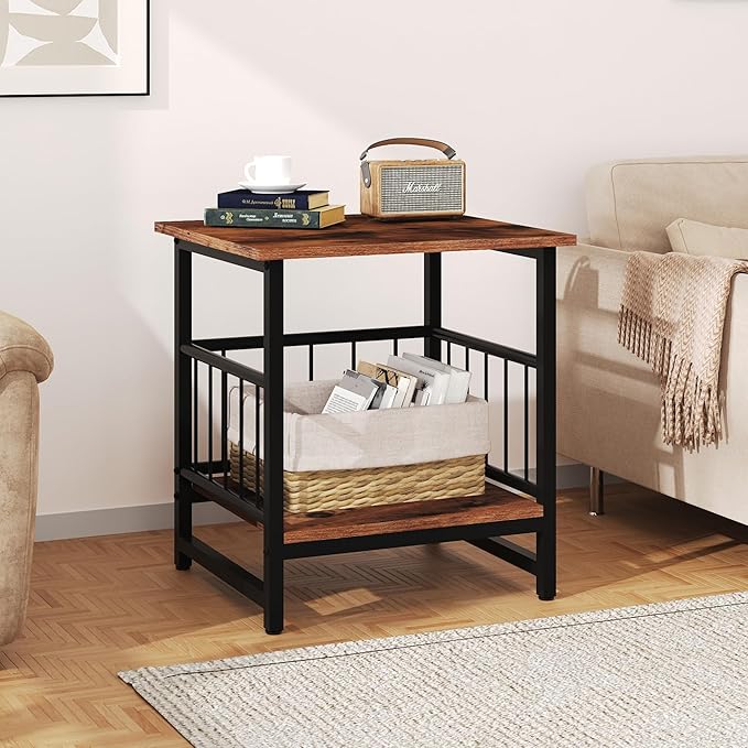 Industrial Night Stand, 18” Square Side Table with Open Storage Shelf, Bedside End Table for Bedroom, Heavy Duty Stand for Mini Fridge for Dorm, Kitchen Room, Rustic Brown