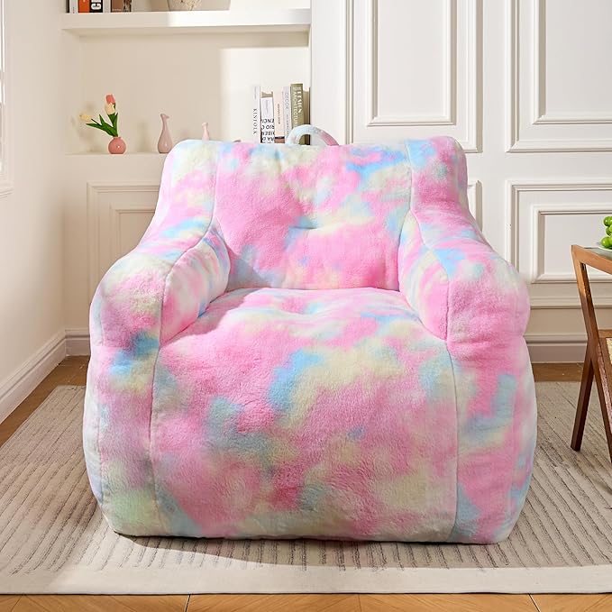 Large Bean Bag Chairs for Adults & Kids, 3FT Memory Foam Bean Bags with Filler, Ultra Soft Faux Fur Fabric - Fluffy Bean Bag Chair for Living Room Bedroom College Dorm (Colorful)