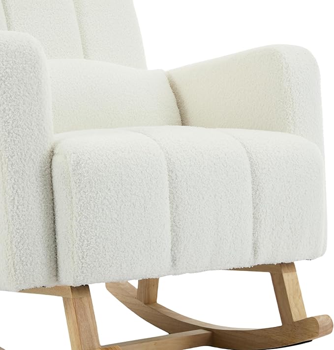 Christopher Knight Home Mapo Wooden Rocking Chair Indoor, Teddy Upholstered Spacious Rocker Chair with Pillow, Comfy Rocking Chair with Armrest for Bedroom, Living Room, Offices, Cream White