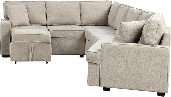126" Extra Large Pull-Out Sofa Bed with Drop-Down Cup Holder Tables,L-Shaped Sectional Cozy Couch W/Charging Device,Convenient Sleeper Furniture Set for LivingRoom Apartment,Black Chenille