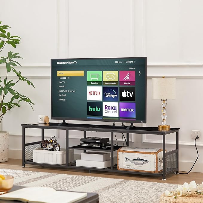 VECELO TV Stand with Power Outlets for Televisions up to 75Inch, 62" Media Entertainment Center with Charging Station 3-Tier Open Storage Shelves with Metal Frame for Living Room/Bedroom，Black