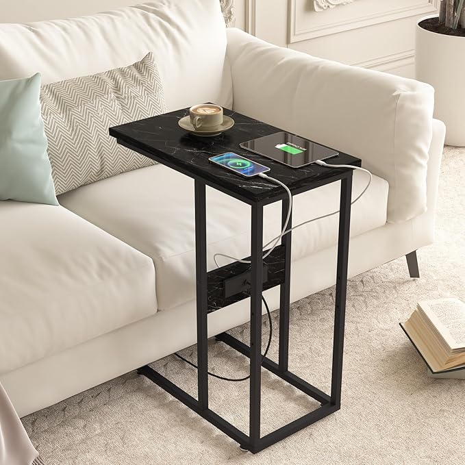 VECELO C Shaped End Side Table with Charging Station & Power Outlets for Couch Sofa/Bed Snack TV Tray with Metal Frame for Living Room Bedroom 1 Set, Black Marble