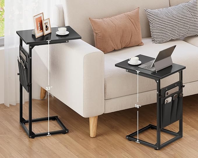 VAGUSICC C Shaped End Table, 33"Tall Side Table for Couch, Adjustable Height Sofa Table Small Couch Side Tables, Laptop Recliner Tables Slide Under Sofa TV Tray Arm Table for Living Room Bedroom,Black
