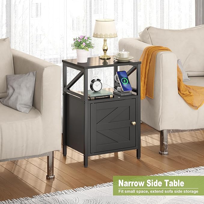 Farmhouse Side Table with Charging Station -3-Tier USB Ports & Outlets End Table, Compact Bedside Storage Table for Small Spaces, Multi-Functional Accent Table for Living Room, Couch Entryway Black