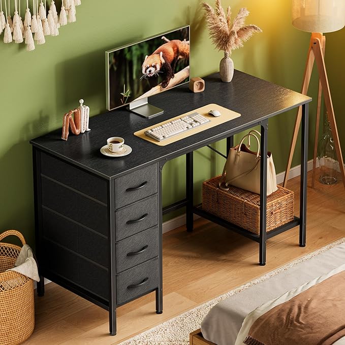 Huuger 47 Inch Computer Desk with 4 Drawers, Office Desk with Mesh Shelf, Gaming Desk, Large Storage, Writing Work Desk for Home Office, Study, Bedroom, Work from Home, Black