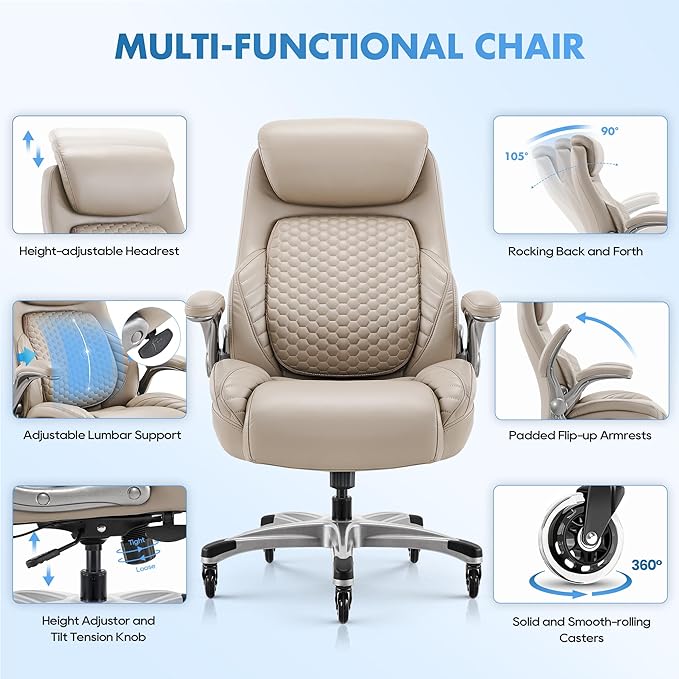 COLAMY Office Ergonomic Desk High Back Executive Chair with Pop-Out Lumbar Support, Upgraded Casters, Adjustable Headrest, Flip-Up Arms, Leather Home with Thick Cushion for Comfort - Khaki