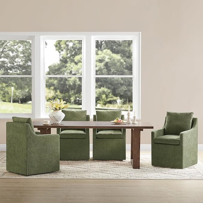 Upholstered Dining Chairs with Casters No Assembly Modern Accent Armchair with Rollers for Diningroom Bedroom Livingroom Reading Room,Green,2 Boxs