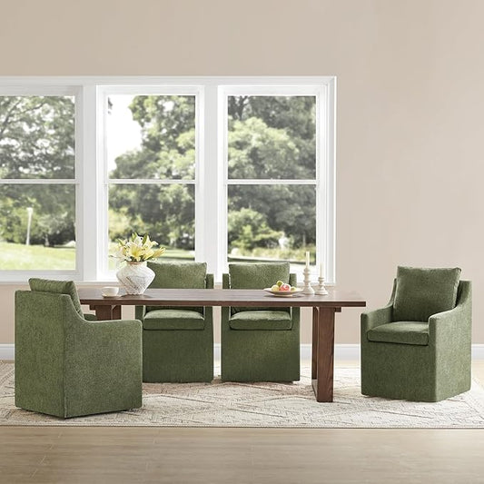 Upholstered Dining Chairs with Casters Easy Assembly Side Deskchair with Rollers for Diningroom, Living Room, Green, 4 Box